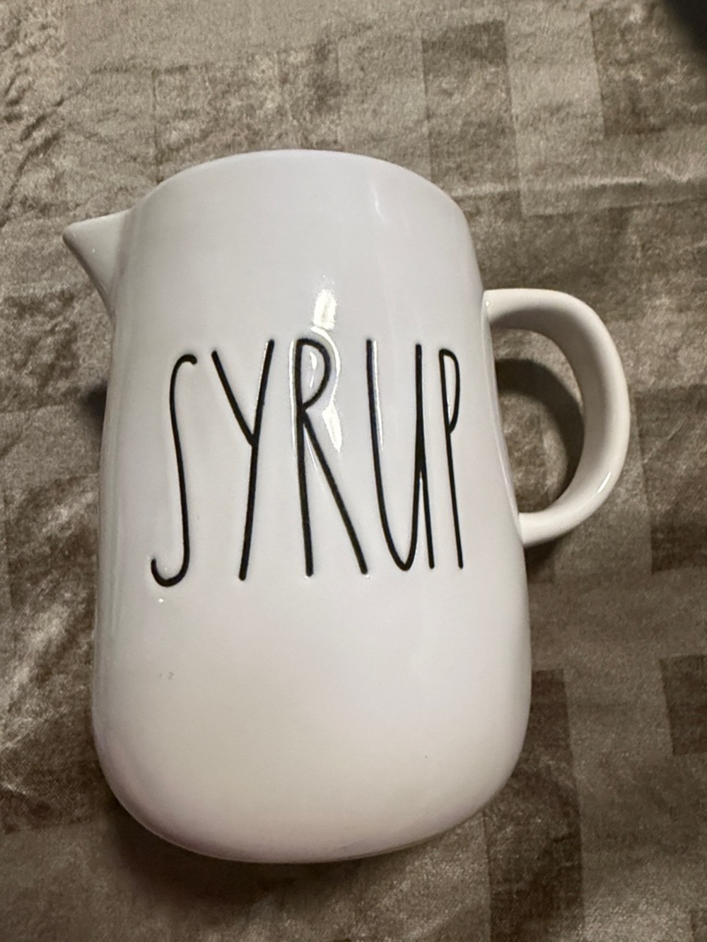Rae Dunn White Ceramic Syrup Pitcher with Black Lettering